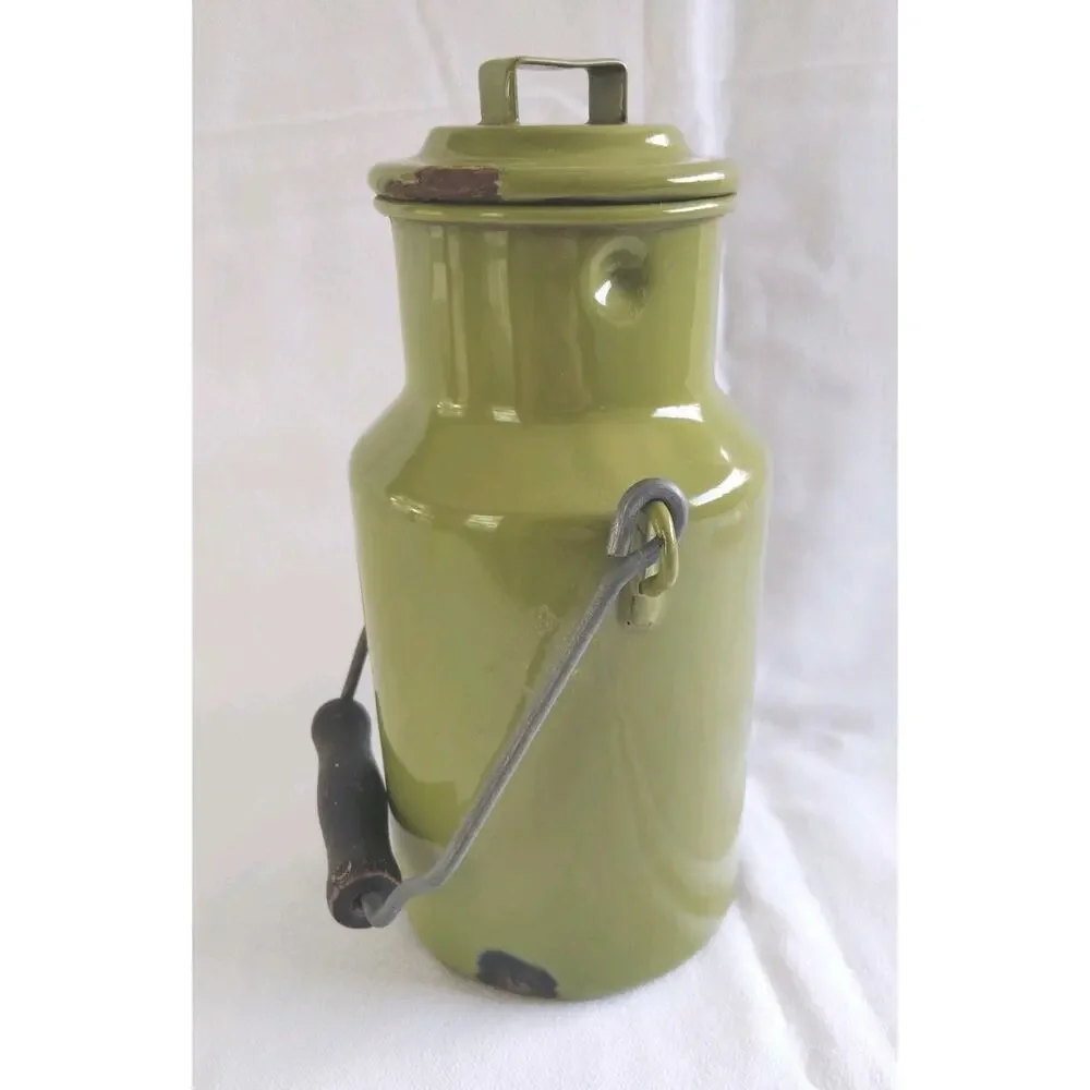 Vtg Grandmere Enamel Milk Can Container Avocado Green Wood Handle